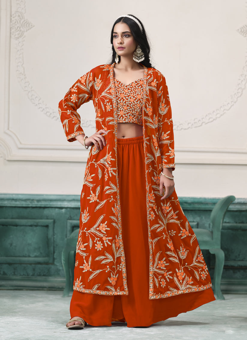 orange faux georgette embroidered readymade indowestern