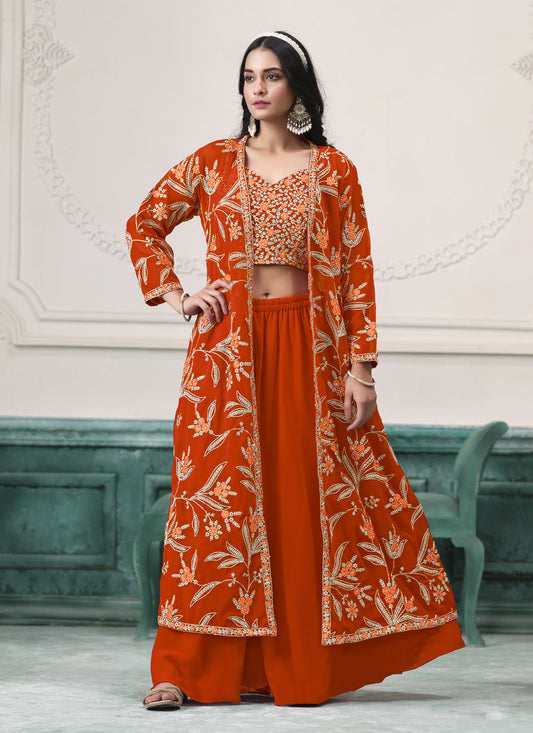 orange faux georgette embroidered readymade indowestern