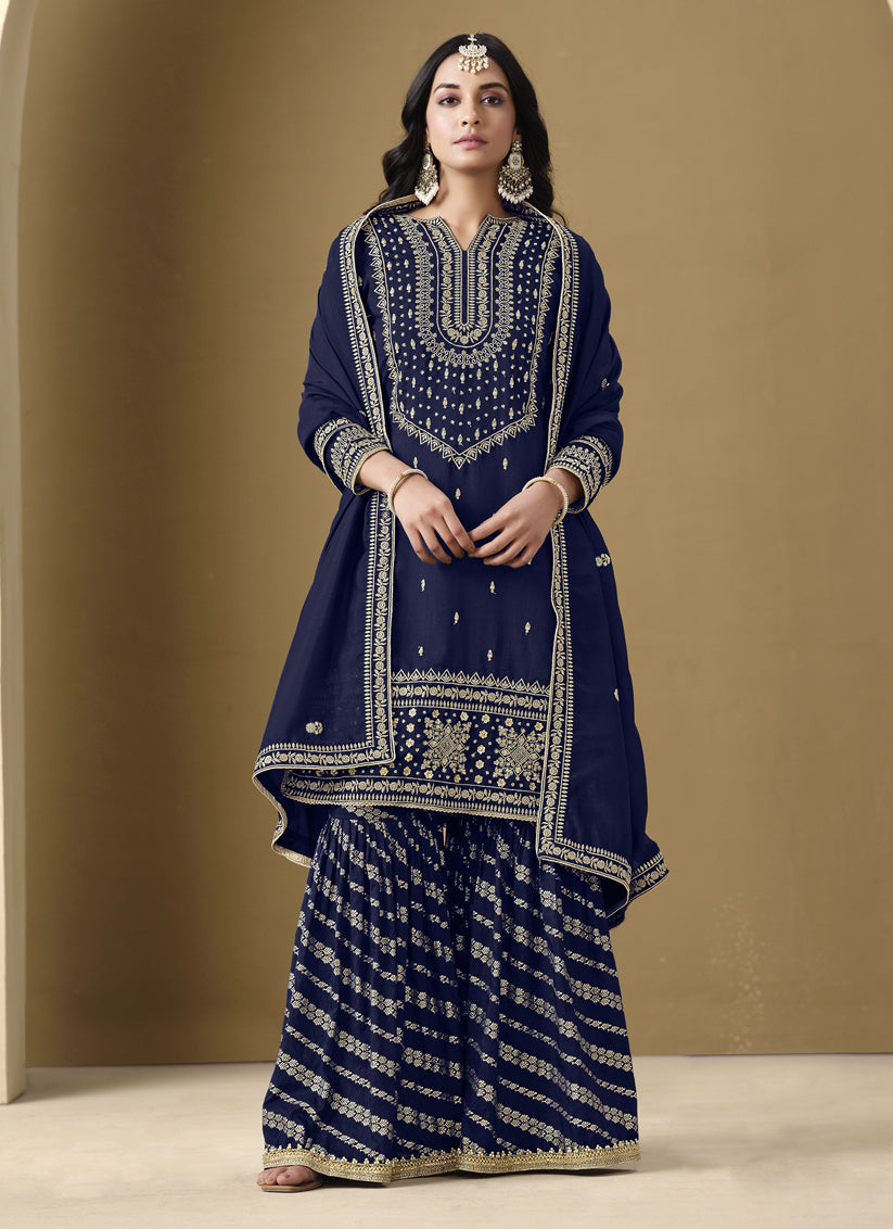 navy blue art silk readymade embroidered sarara kameez
