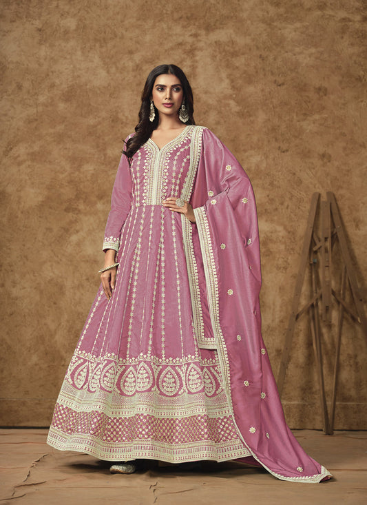 carnation pink dola silk embroidered gown with dupatta