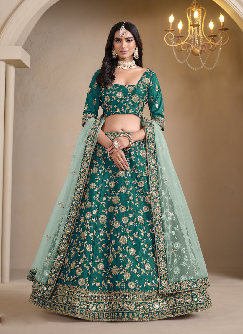 rama green art silk embroidered lehenga choli