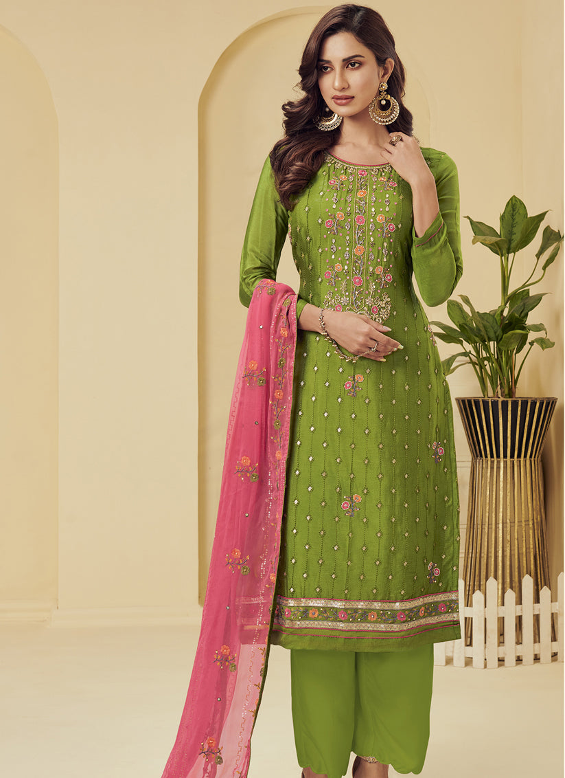 Olive Green Georgette Embroidered Pant Kameez Set