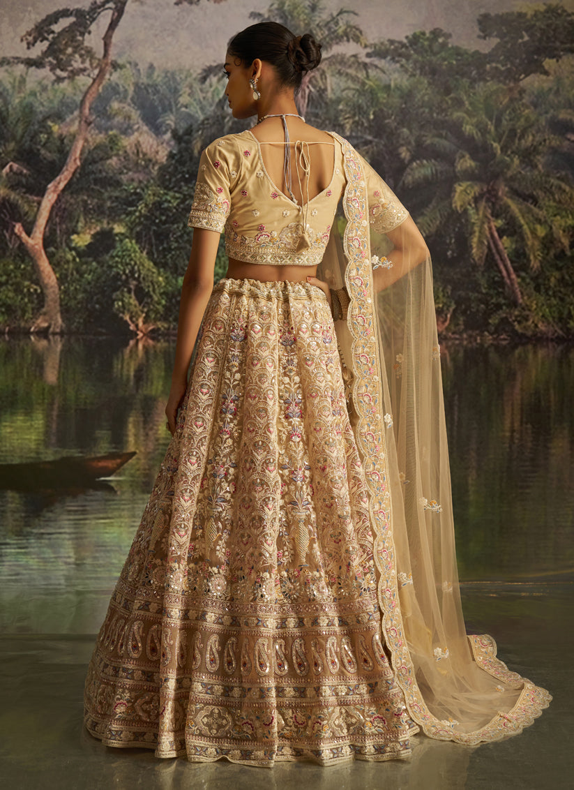 Attractive Cream Soft Embroidered Net Designer Wedding Lehenga Choli Set