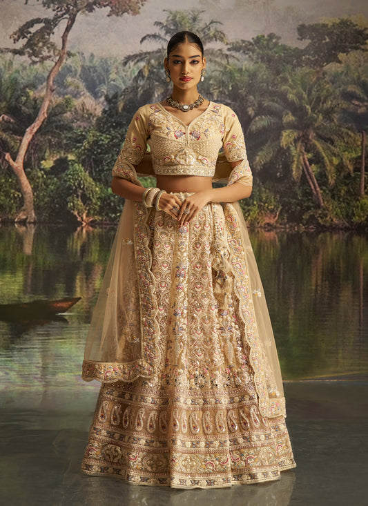 Attractive Cream Soft Embroidered Net Designer Wedding Lehenga Choli Set