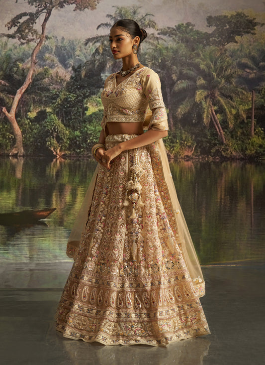 Attractive Cream Soft Embroidered Net Designer Wedding Lehenga Choli Set