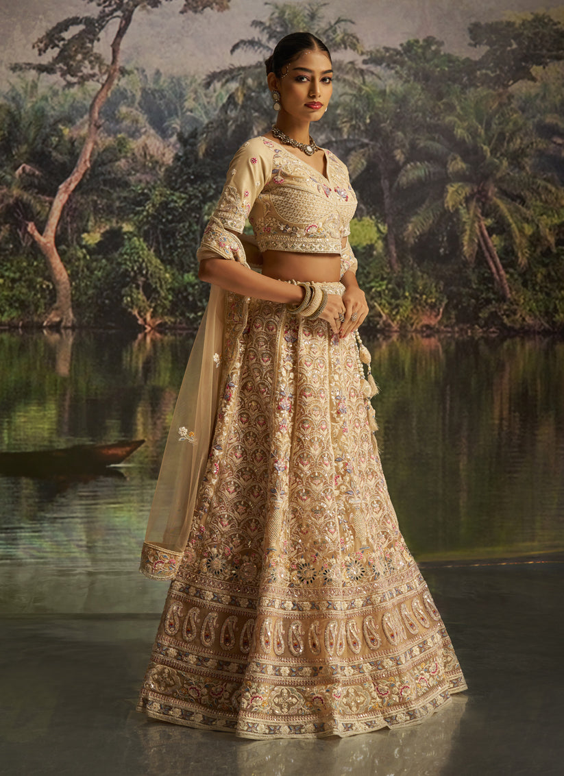 Attractive Cream Soft Embroidered Net Designer Wedding Lehenga Choli Set