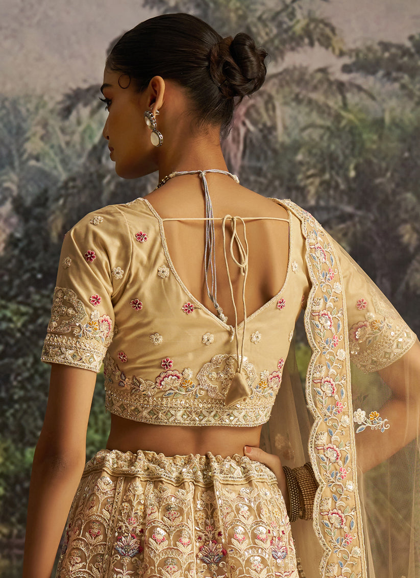 Attractive Cream Soft Embroidered Net Designer Wedding Lehenga Choli Set