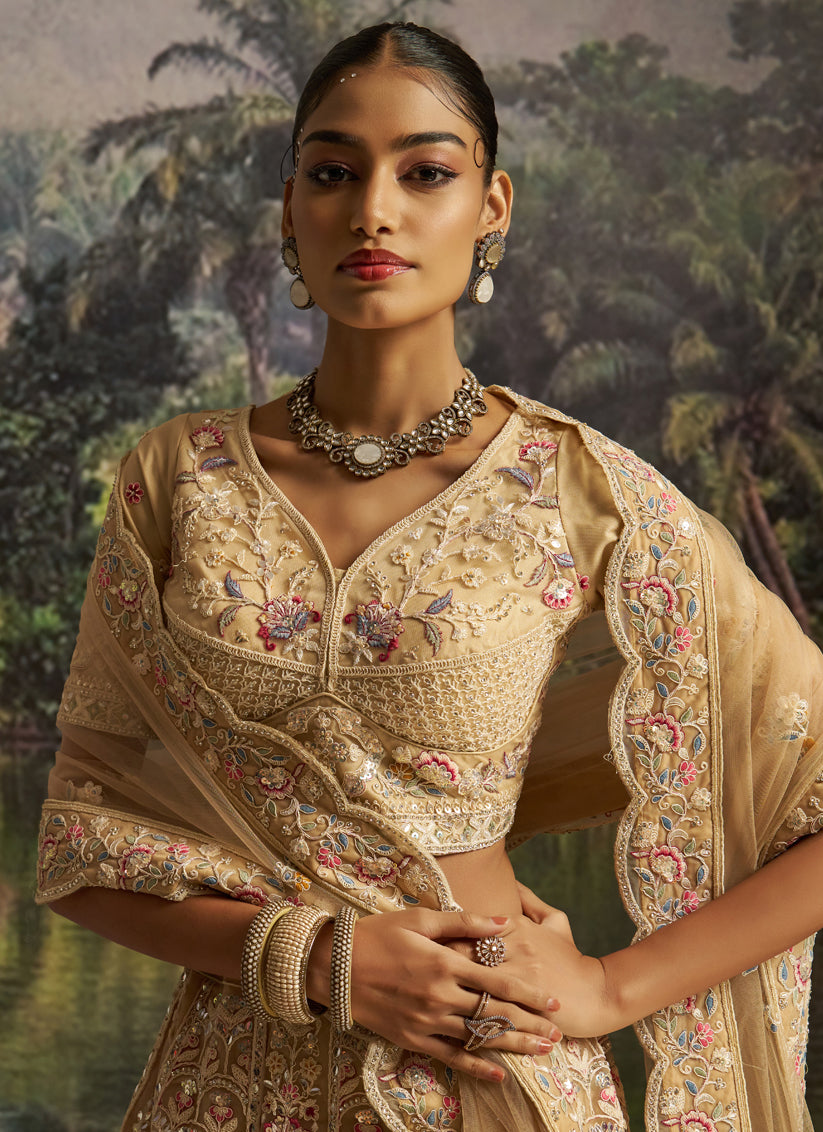 Attractive Cream Soft Embroidered Net Designer Wedding Lehenga Choli Set
