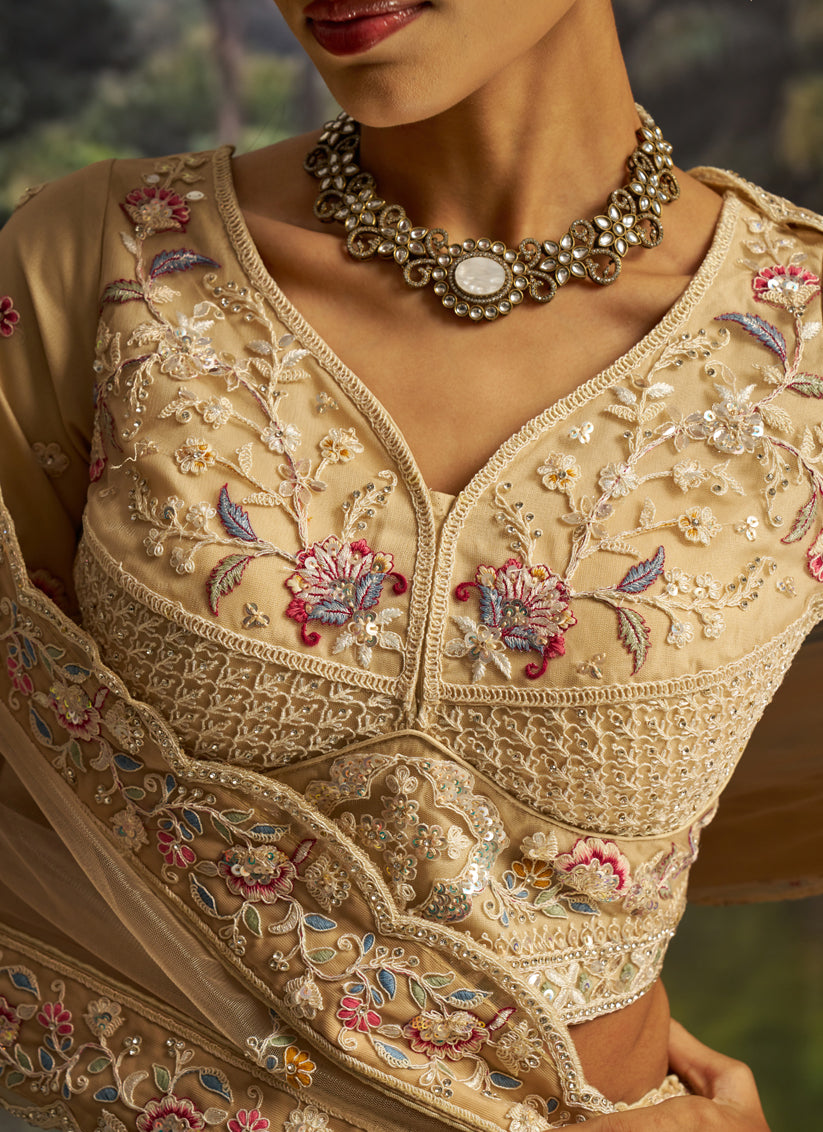 Attractive Cream Soft Embroidered Net Designer Wedding Lehenga Choli Set