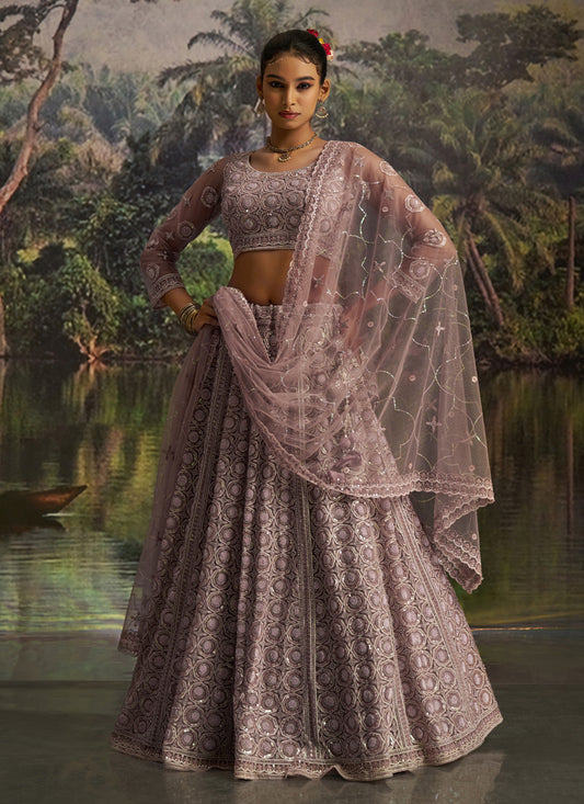 Stylish Dusty Mauve Soft Embroidered Net Designer Wedding Lehenga Choli Set