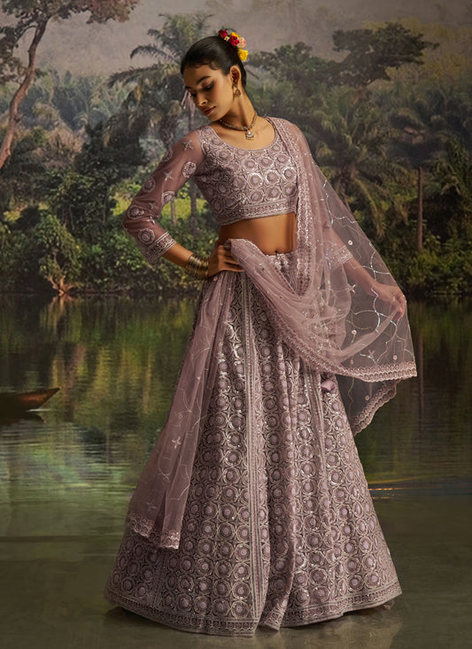 Stylish Dusty Mauve Soft Embroidered Net Designer Wedding Lehenga Choli Set