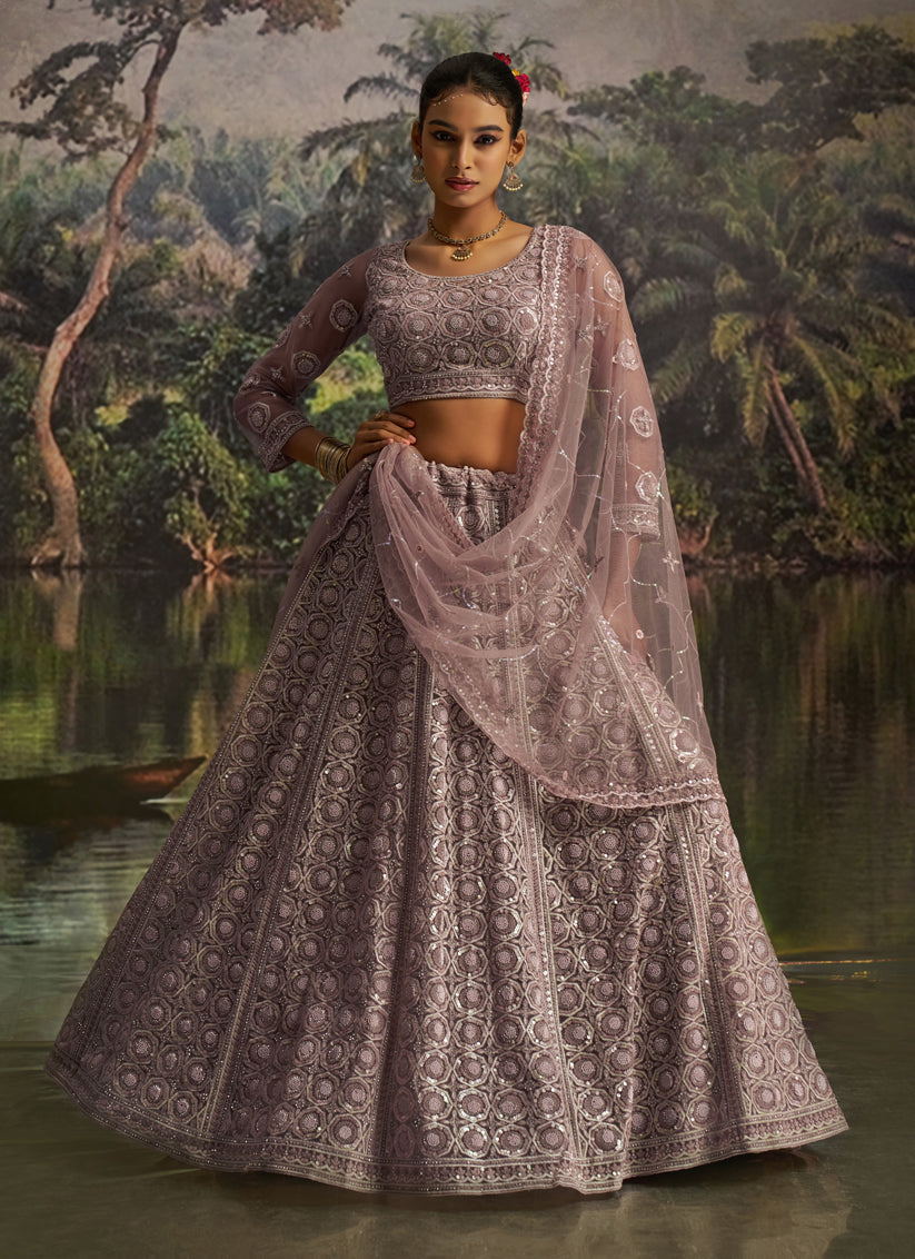 Stylish Dusty Mauve Soft Embroidered Net Designer Wedding Lehenga Choli Set