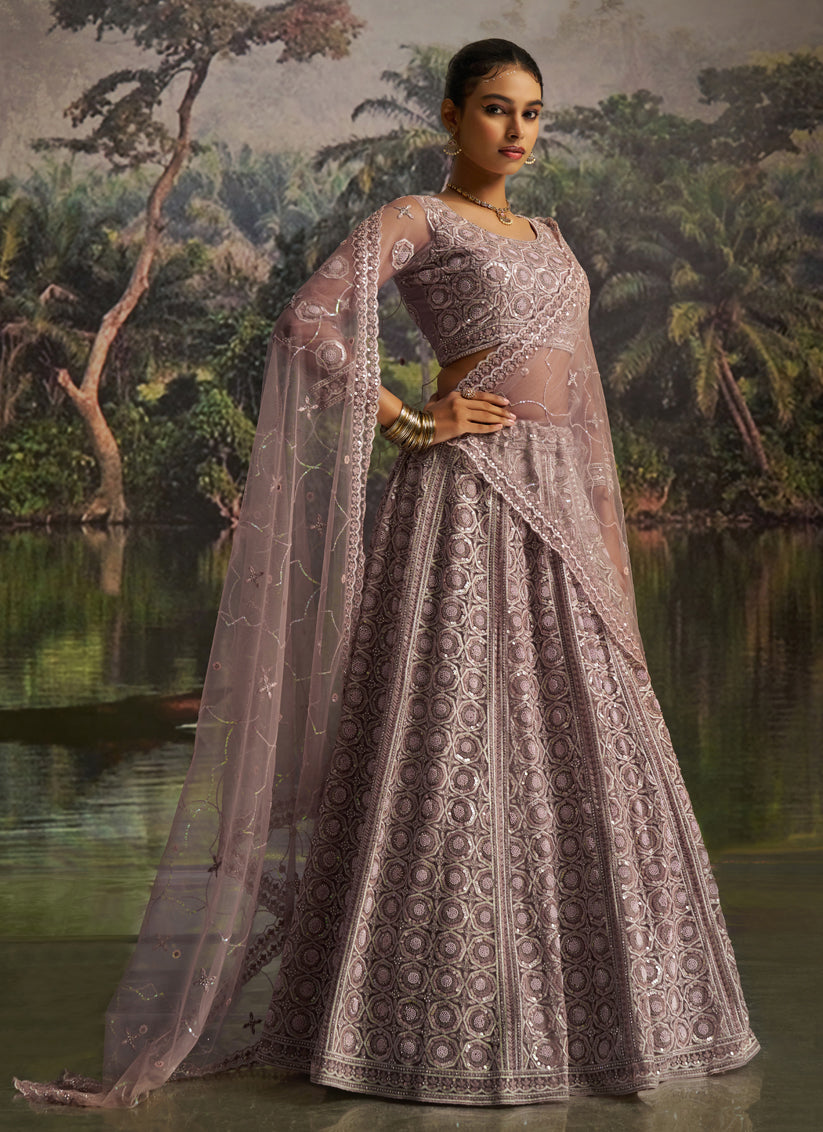 Stylish Dusty Mauve Soft Embroidered Net Designer Wedding Lehenga Choli Set