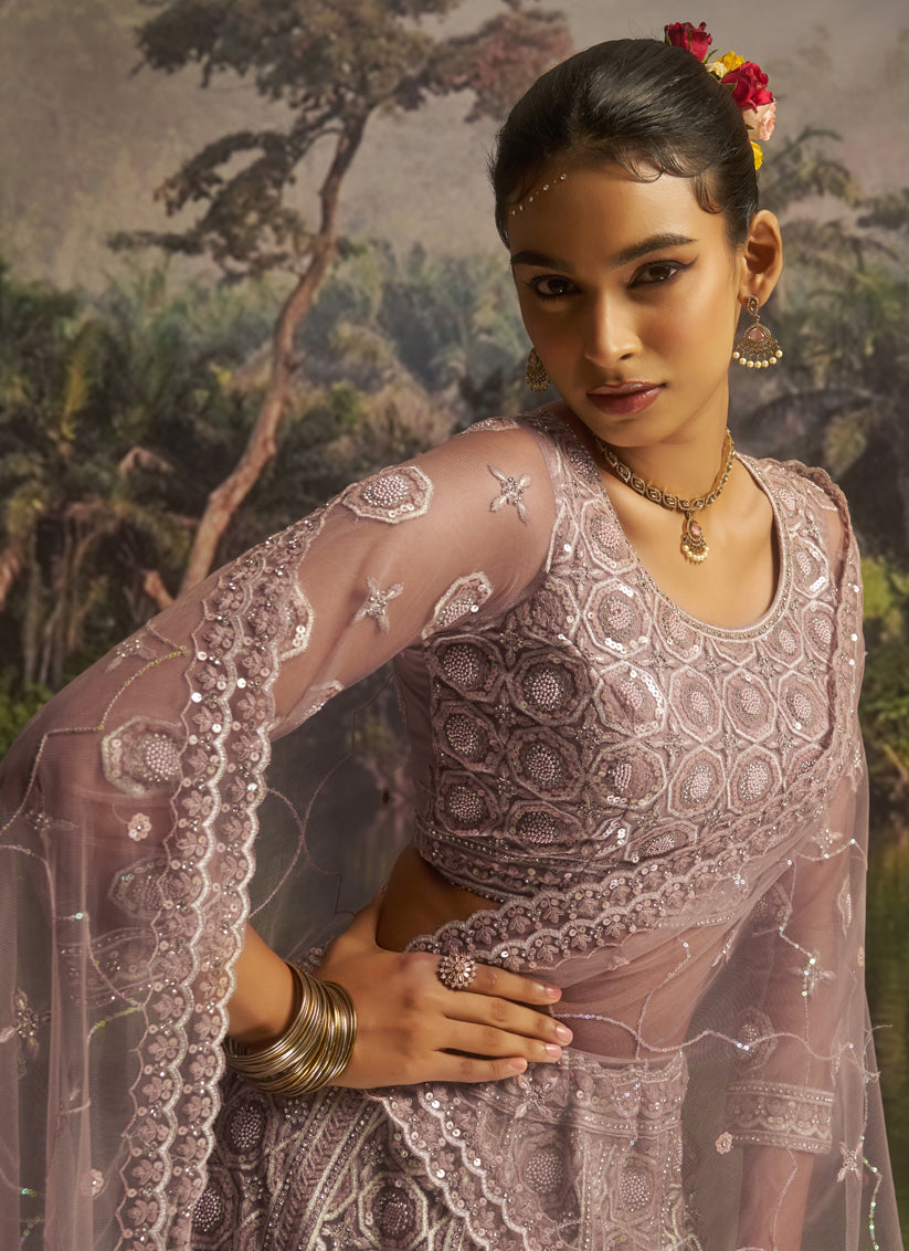 Stylish Dusty Mauve Soft Embroidered Net Designer Wedding Lehenga Choli Set