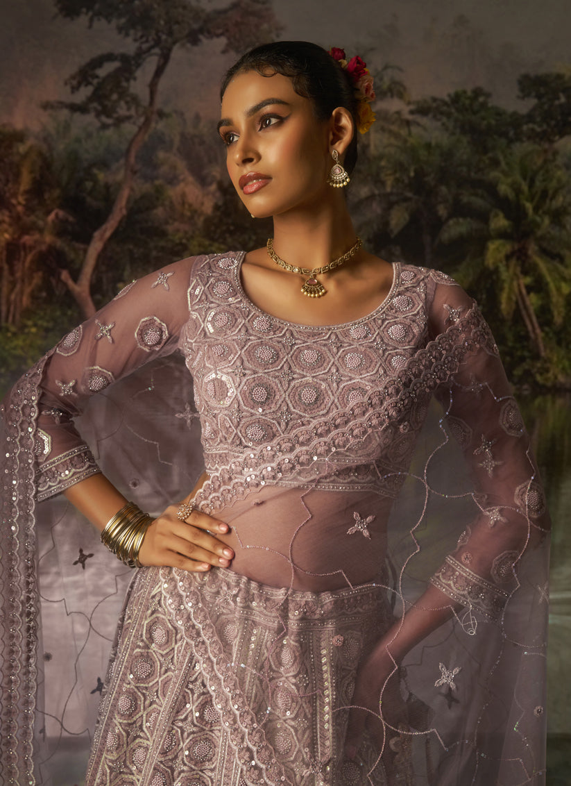 Stylish Dusty Mauve Soft Embroidered Net Designer Wedding Lehenga Choli Set