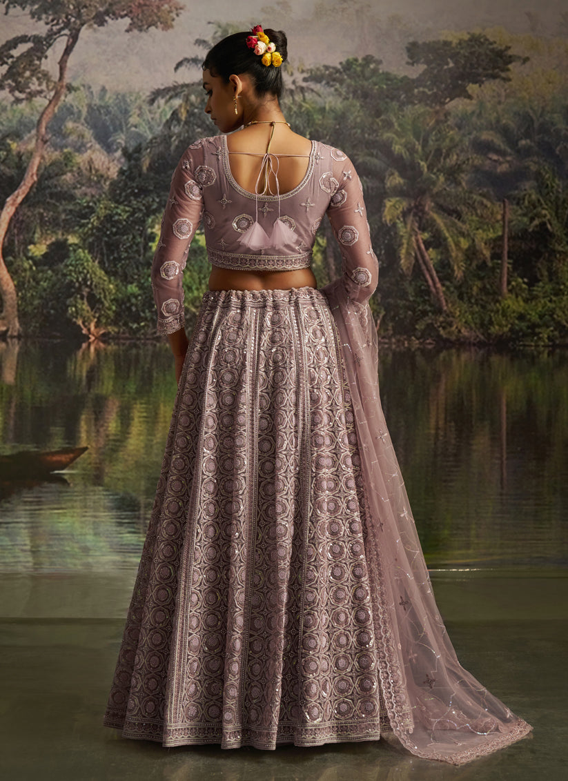 Stylish Dusty Mauve Soft Embroidered Net Designer Wedding Lehenga Choli Set