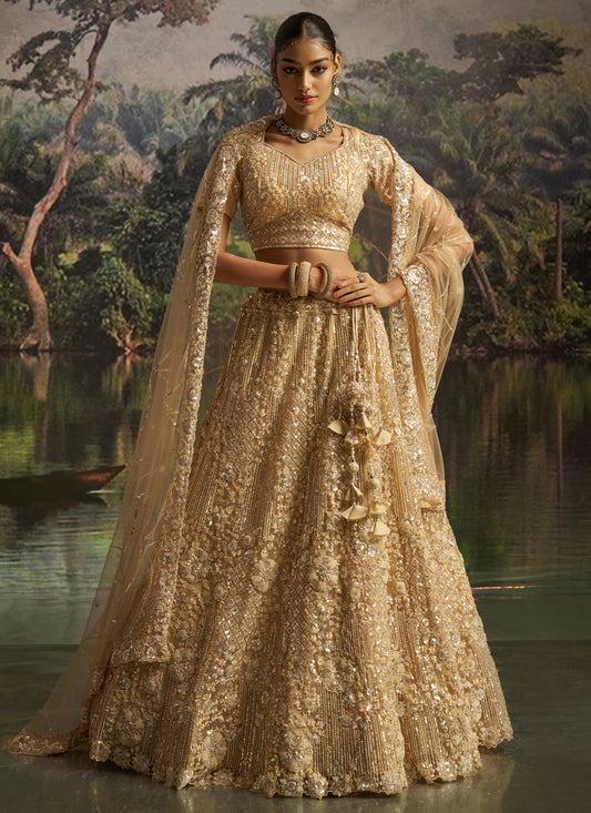 Amazing Beige Soft Embroidered Net Designer Wedding Lehenga Choli Set