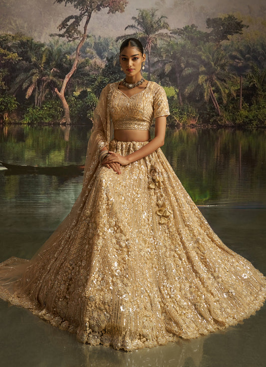 Amazing Beige Soft Embroidered Net Designer Wedding Lehenga Choli Set