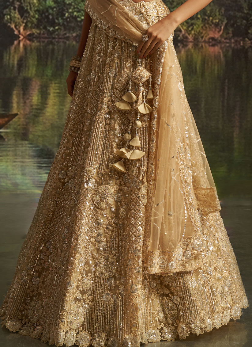 Amazing Beige Soft Embroidered Net Designer Wedding Lehenga Choli Set