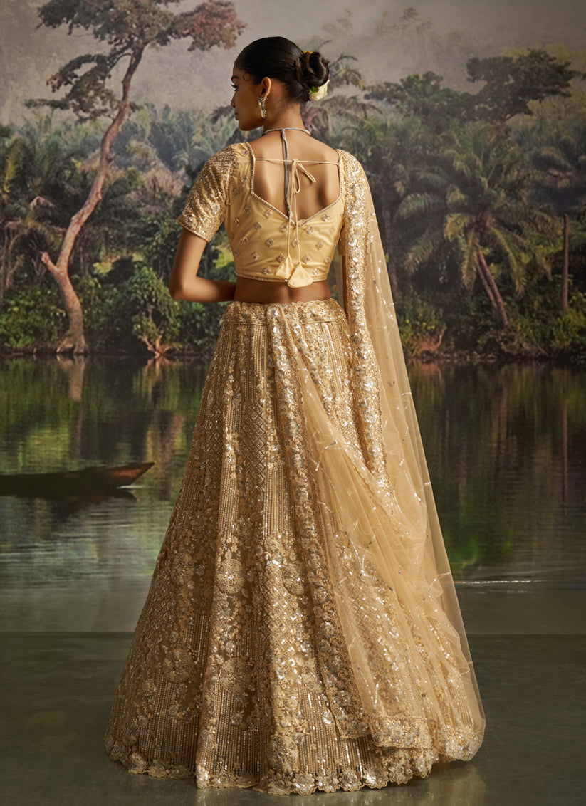 Amazing Beige Soft Embroidered Net Designer Wedding Lehenga Choli Set