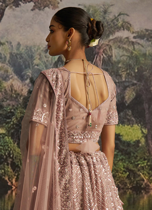 Delicate Peach Soft Embroidered Net Designer Wedding Lehenga Choli Set