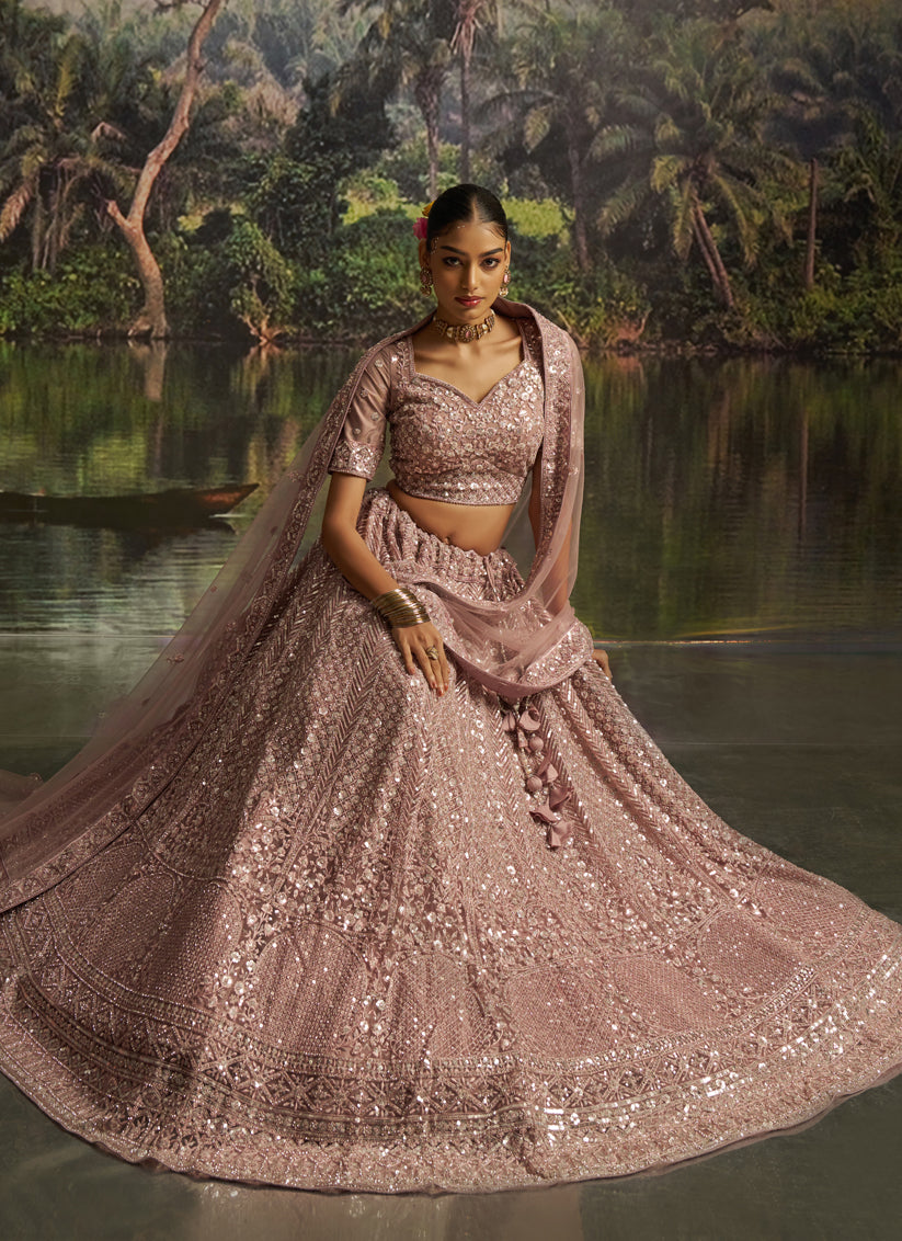 Delicate Peach Soft Embroidered Net Designer Wedding Lehenga Choli Set