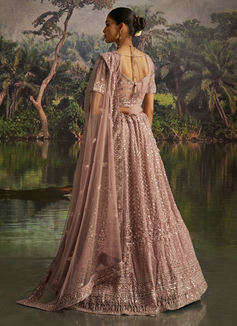 Delicate Peach Soft Embroidered Net Designer Wedding Lehenga Choli Set