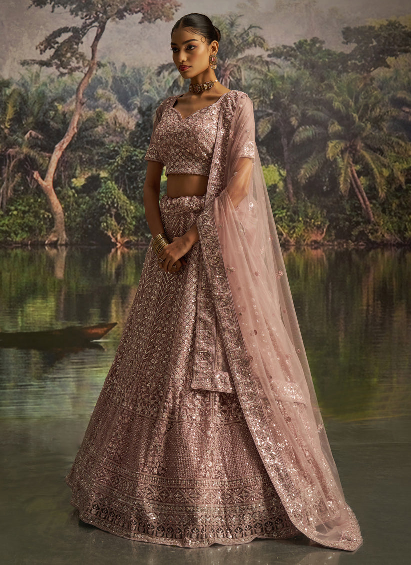 Delicate Peach Soft Embroidered Net Designer Wedding Lehenga Choli Set