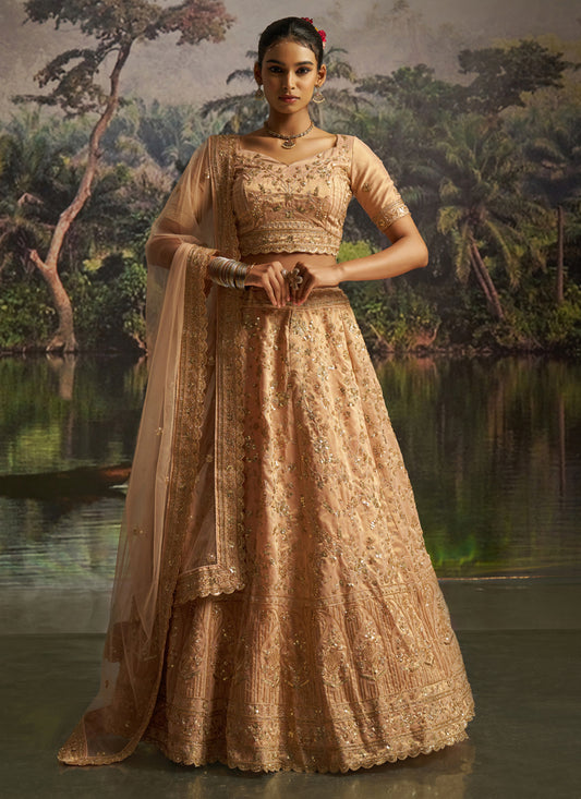 Sweet Golden Soft Embroidered Net Designer Wedding Lehenga Choli Set