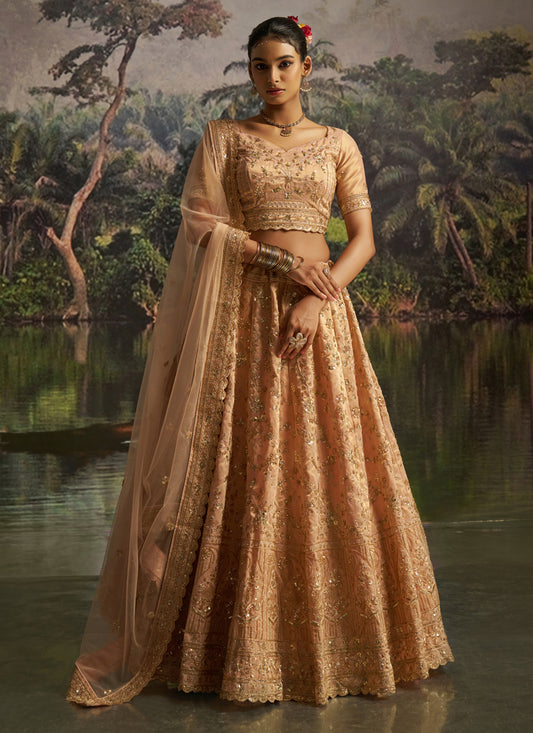 Sweet Golden Soft Embroidered Net Designer Wedding Lehenga Choli Set