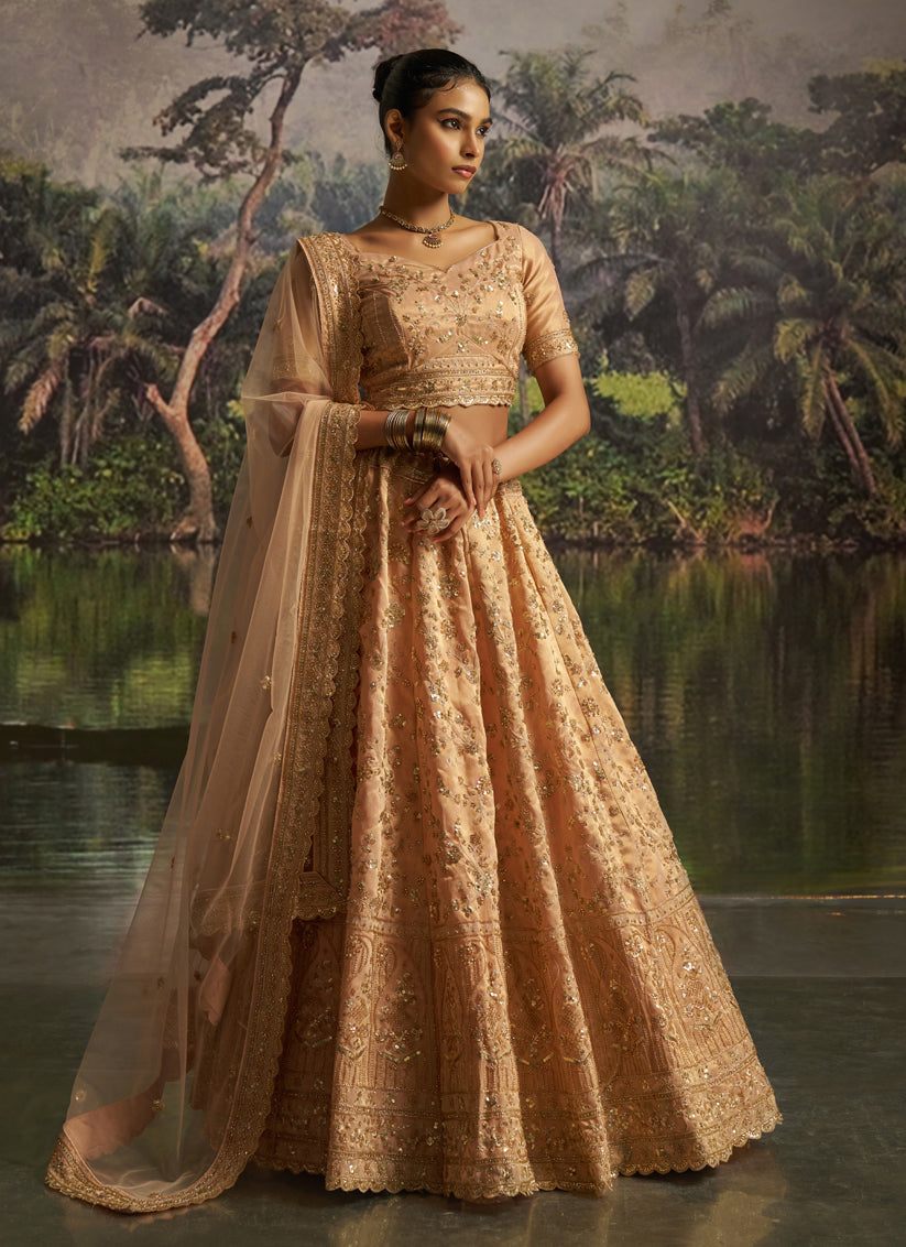 Sweet Golden Soft Embroidered Net Designer Wedding Lehenga Choli Set