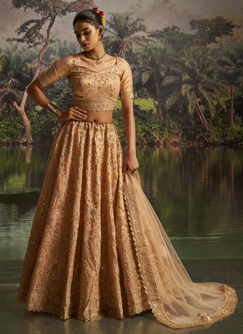 Sweet Golden Soft Embroidered Net Designer Wedding Lehenga Choli Set