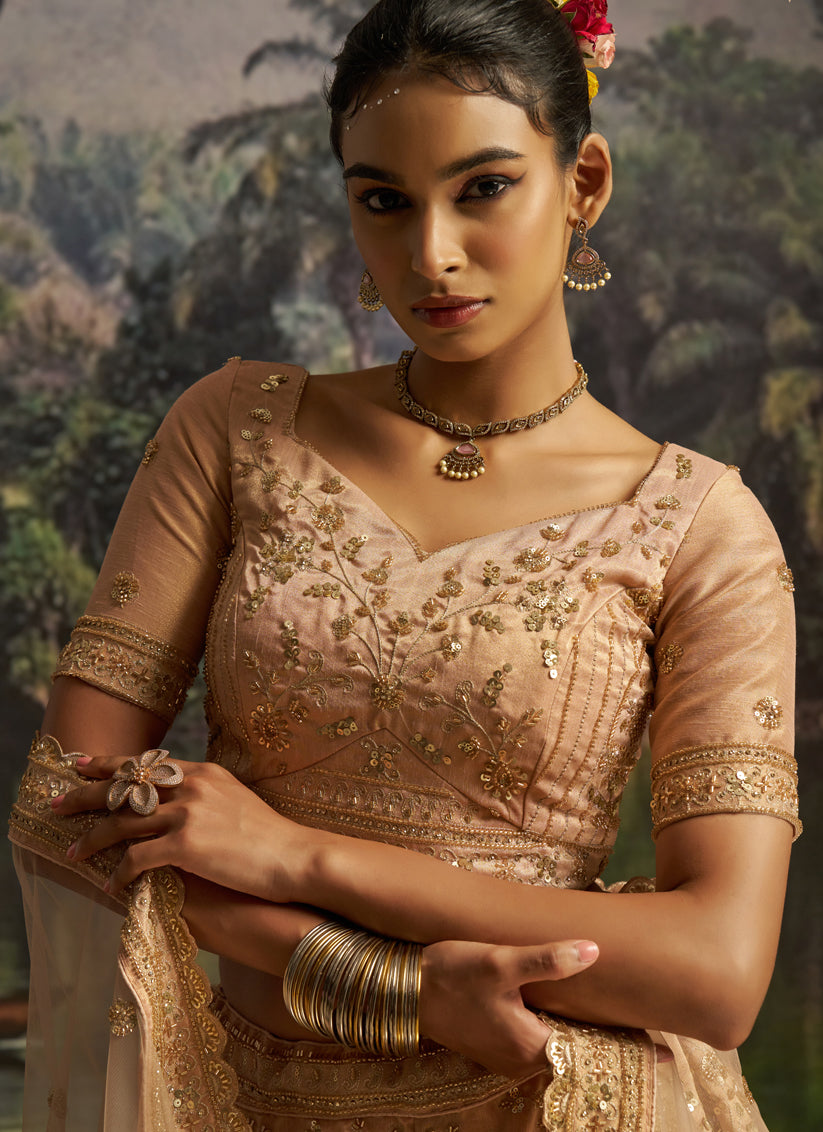 Sweet Golden Soft Embroidered Net Designer Wedding Lehenga Choli Set