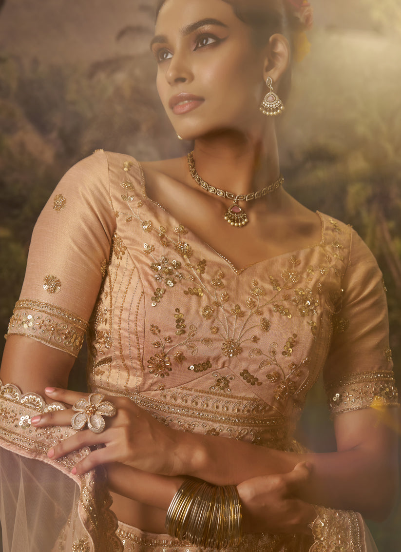 Sweet Golden Soft Embroidered Net Designer Wedding Lehenga Choli Set