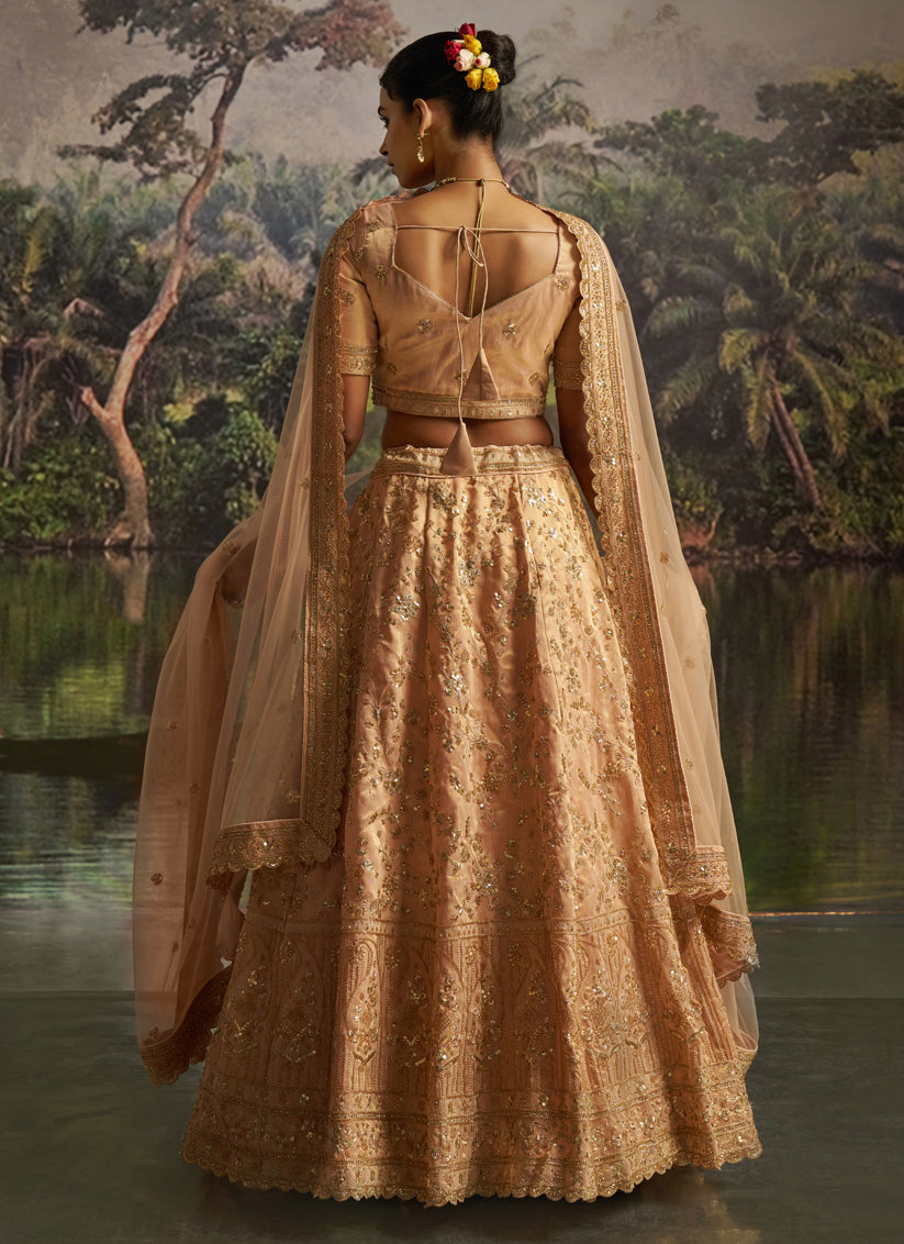 Sweet Golden Soft Embroidered Net Designer Wedding Lehenga Choli Set