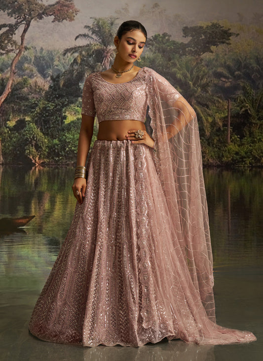 Adorable Blush Pink Soft Embroidered Net Designer Wedding Lehenga Choli Set