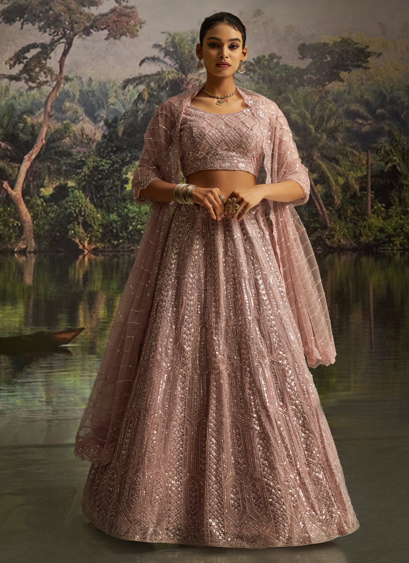 Adorable Blush Pink Soft Embroidered Net Designer Wedding Lehenga Choli Set