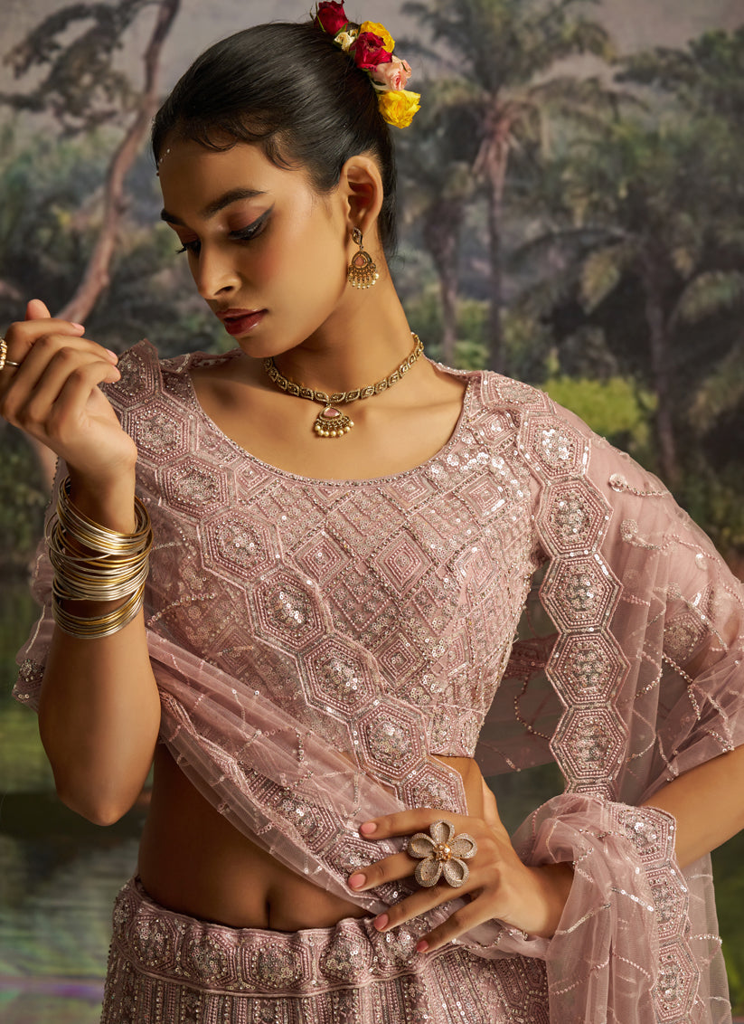 Adorable Blush Pink Soft Embroidered Net Designer Wedding Lehenga Choli Set