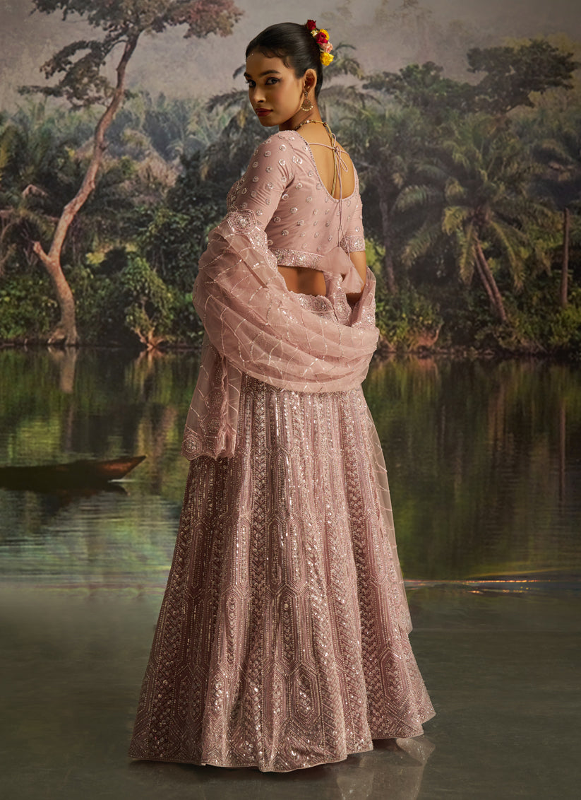 Adorable Blush Pink Soft Embroidered Net Designer Wedding Lehenga Choli Set