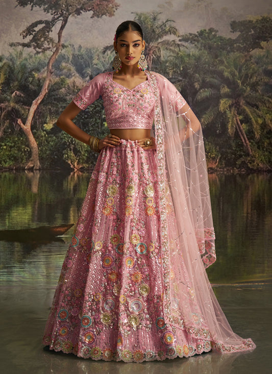 Alluring Rose Pink Soft Embroidered Net Designer Wedding Lehenga Choli Set