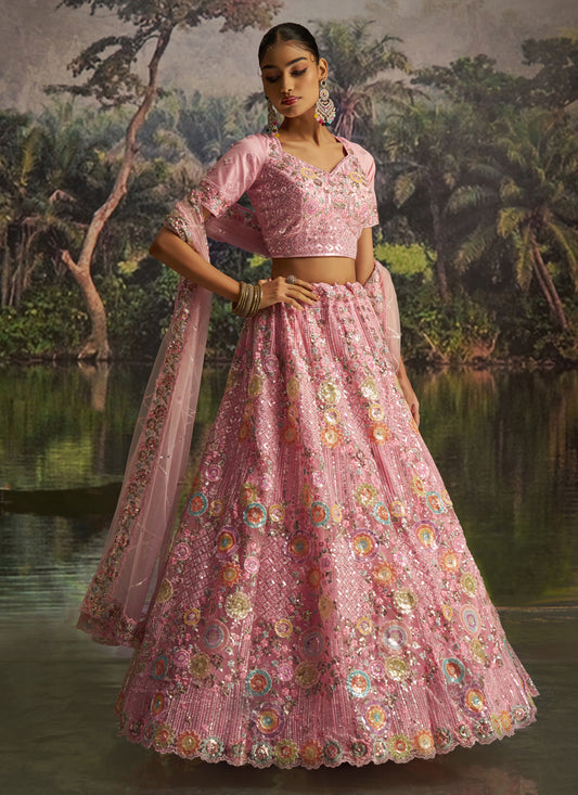Alluring Rose Pink Soft Embroidered Net Designer Wedding Lehenga Choli Set