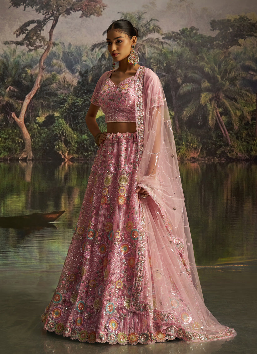 Alluring Rose Pink Soft Embroidered Net Designer Wedding Lehenga Choli Set