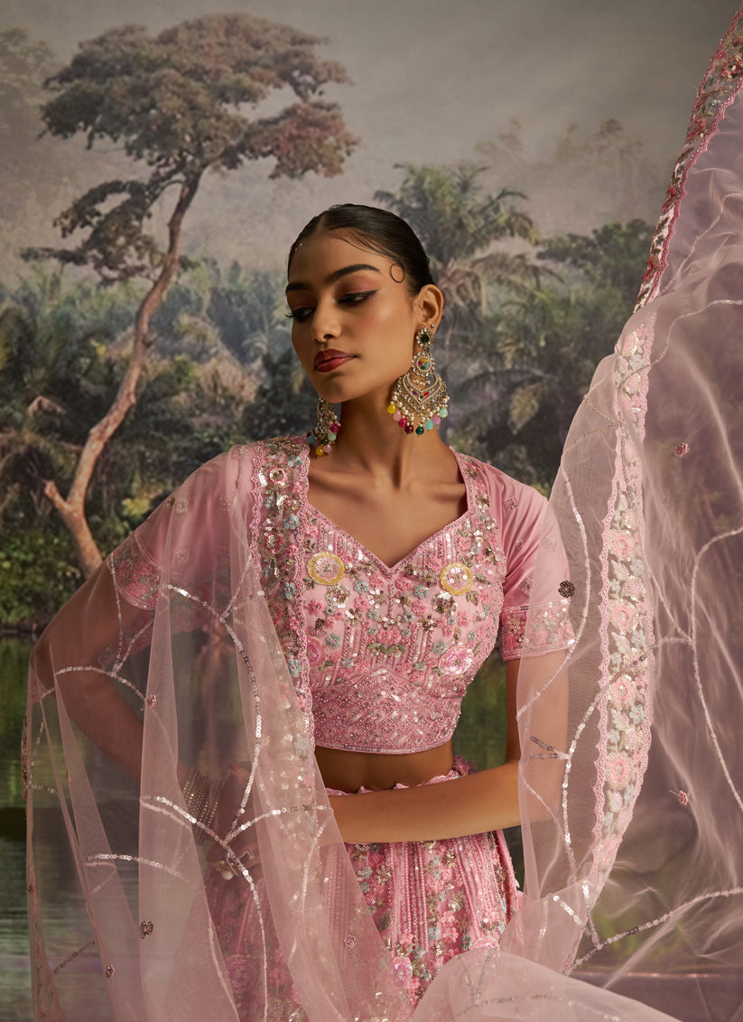 Alluring Rose Pink Soft Embroidered Net Designer Wedding Lehenga Choli Set