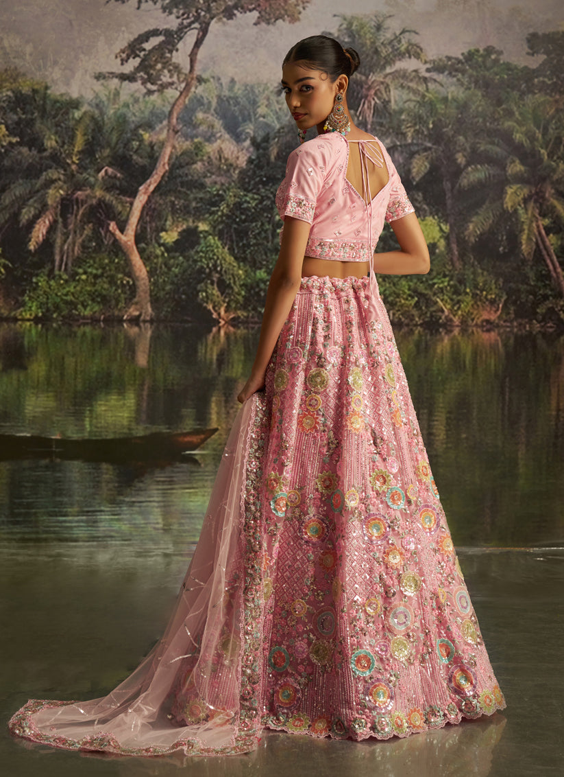 Alluring Rose Pink Soft Embroidered Net Designer Wedding Lehenga Choli Set