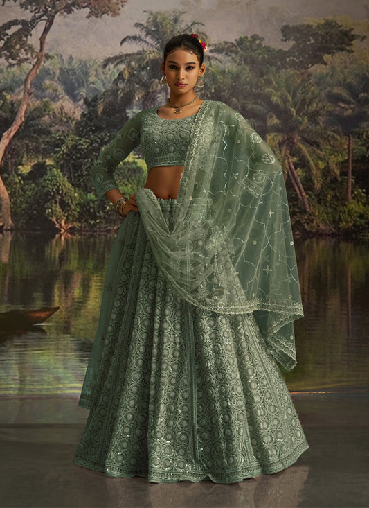 Captivating Sea Green Soft Embroidered Net Designer Wedding Lehenga Choli Set