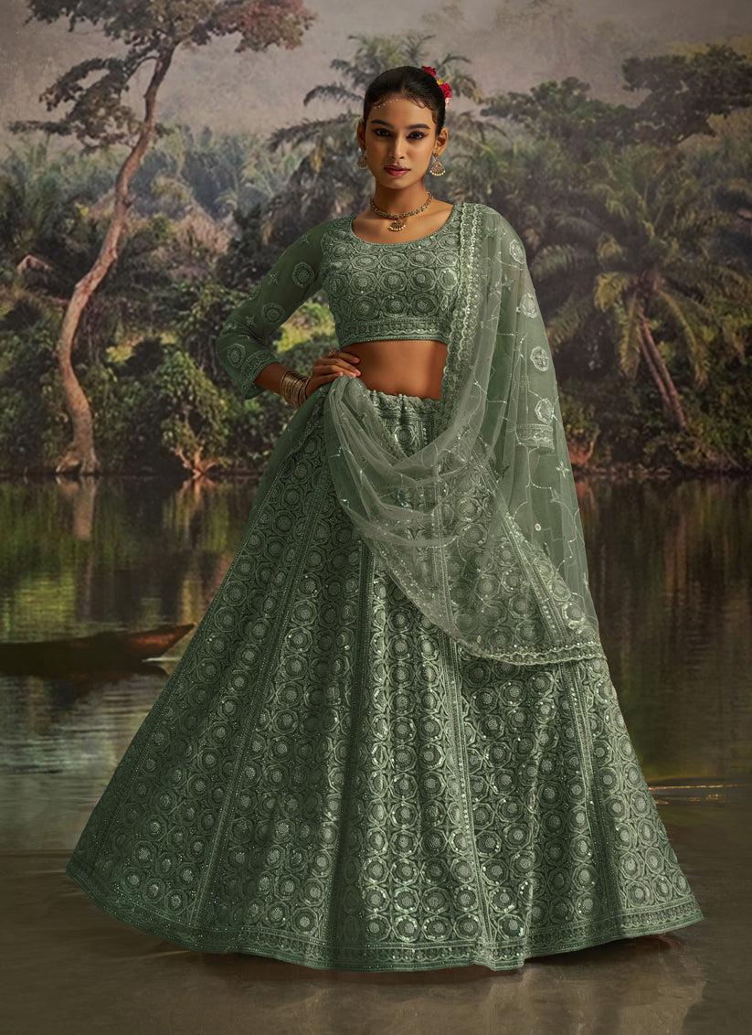 Captivating Sea Green Soft Embroidered Net Designer Wedding Lehenga Choli Set