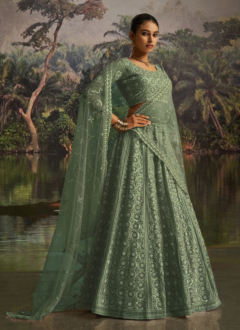 Captivating Sea Green Soft Embroidered Net Designer Wedding Lehenga Choli Set