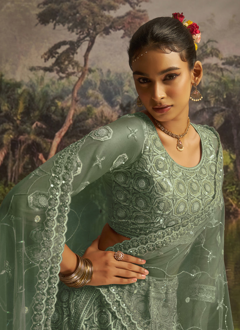 Captivating Sea Green Soft Embroidered Net Designer Wedding Lehenga Choli Set