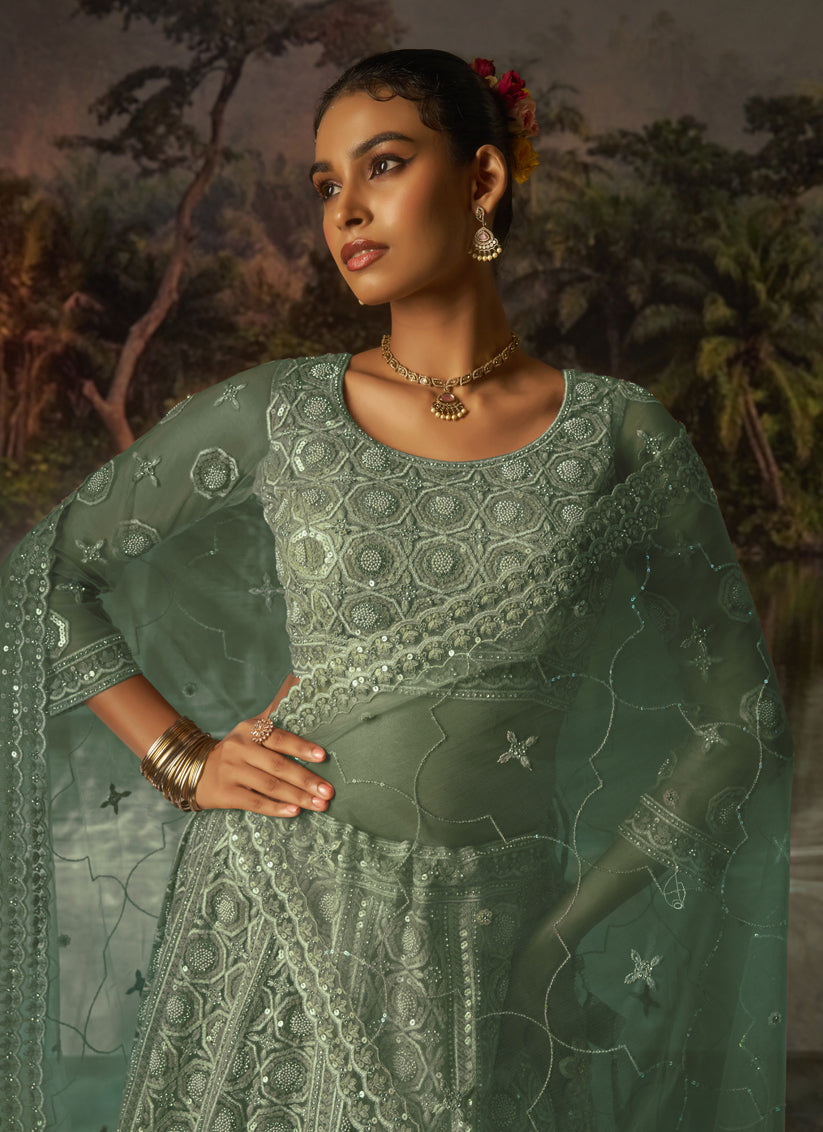 Captivating Sea Green Soft Embroidered Net Designer Wedding Lehenga Choli Set