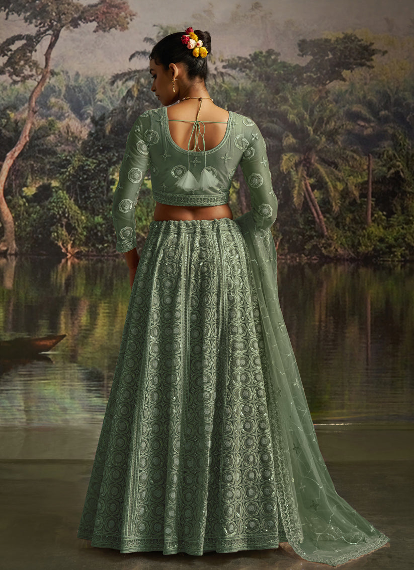 Captivating Sea Green Soft Embroidered Net Designer Wedding Lehenga Choli Set